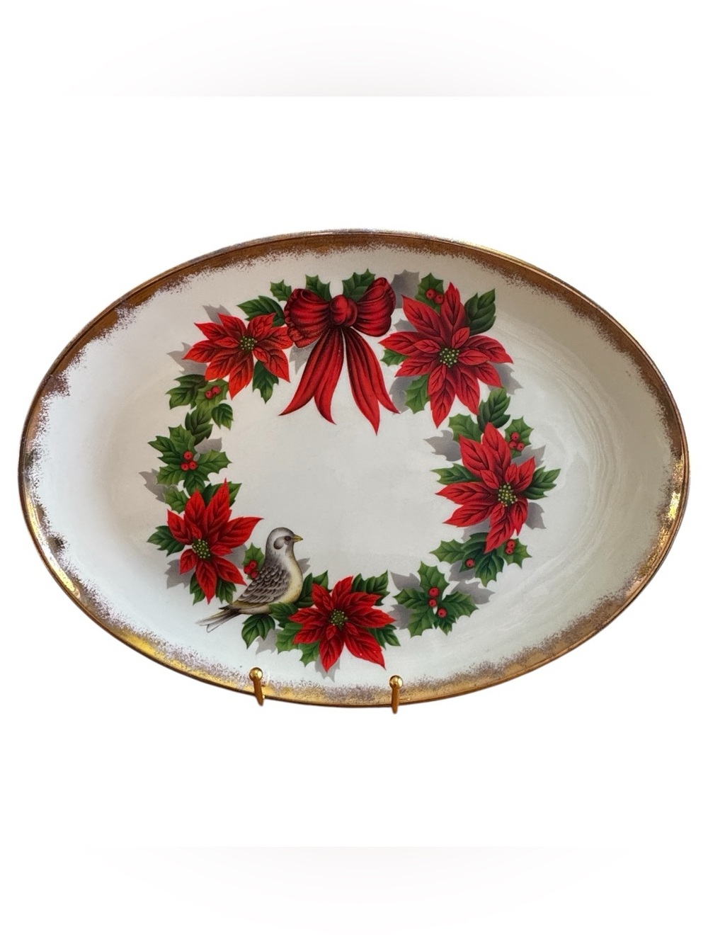 Vintage MCM Christmas Serving Platter Poinsettia Dove Holly Gold Trim 13.5"